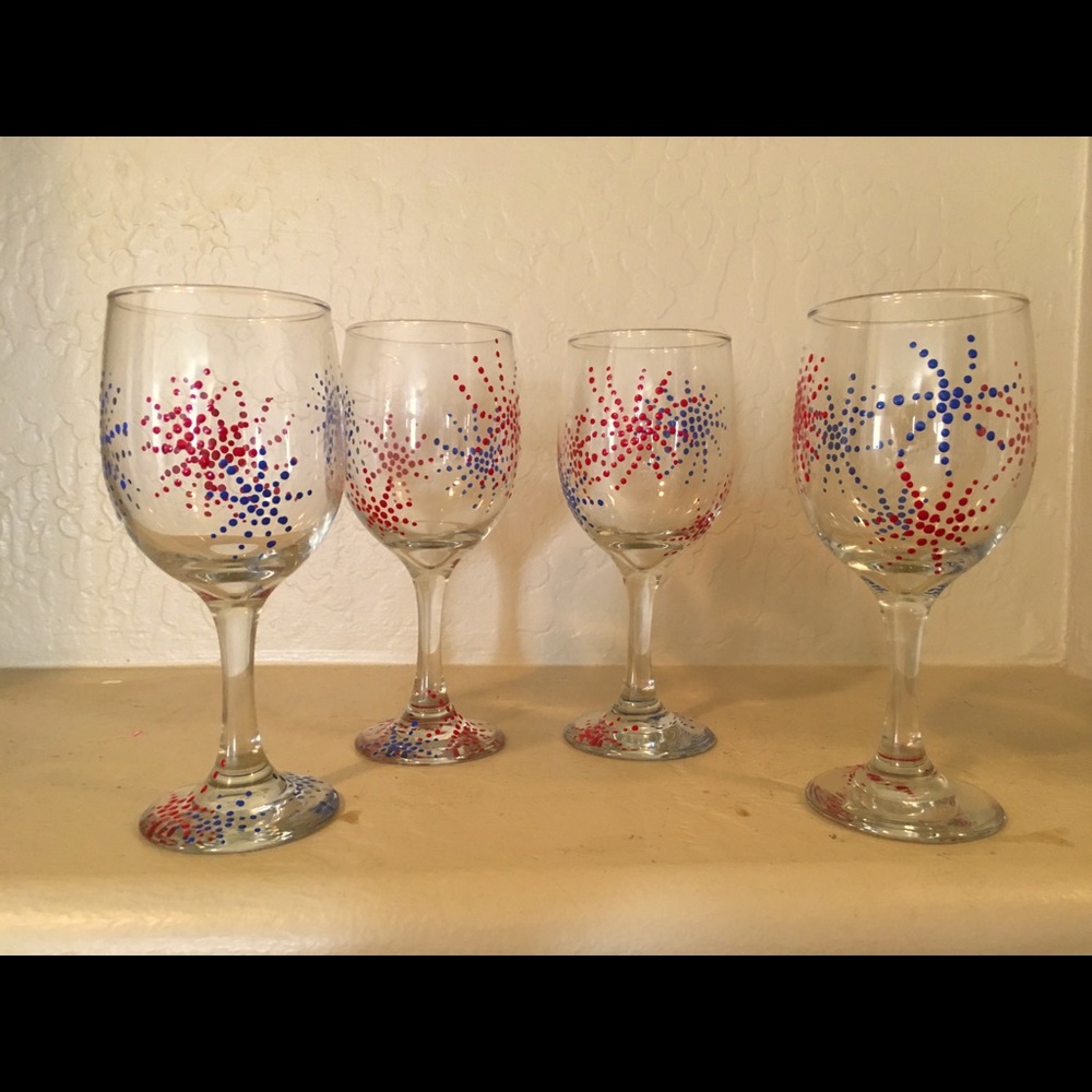 Hand Crafted Memorial Day Wine Glasses. Set of 4 glasses 8 inch tall holds 11.5